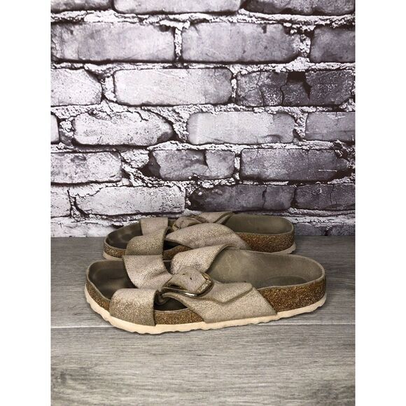 Birkenstock ARIZONA Beige Metallic Leather Strap Slides Sandals Women Sz 38EU/7M - Picture 10 of 16